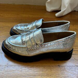 J Crew Winona Silver Croc Lug Penny Loafers